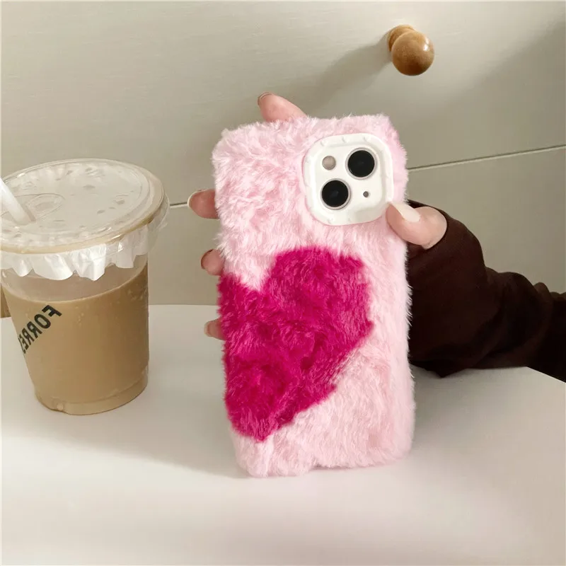 

Kawaii Plush Heart Fur Case for iPhone 13 Pro Max 11 12 14 Silicon Warm Soft Shockproof Phone Cover for iPhone 13 Pro Max Cases