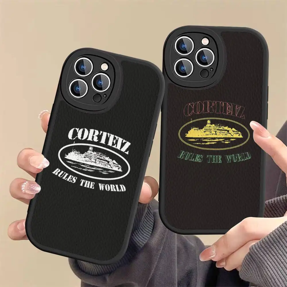Фото Чехол для телефона World-C-Corteizs для iPhone 11 12 13 14 15 16 Pro Max Mini Plus, мягкий кожаный чехол №4