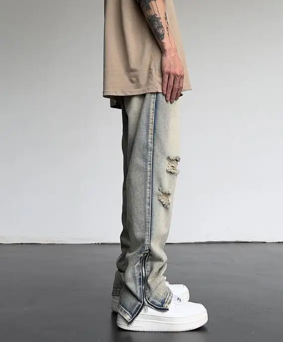Men's Jeans High Street Ripped Vintage Washed Jeans High Waist Loose Straight Hem Zipper Jeans