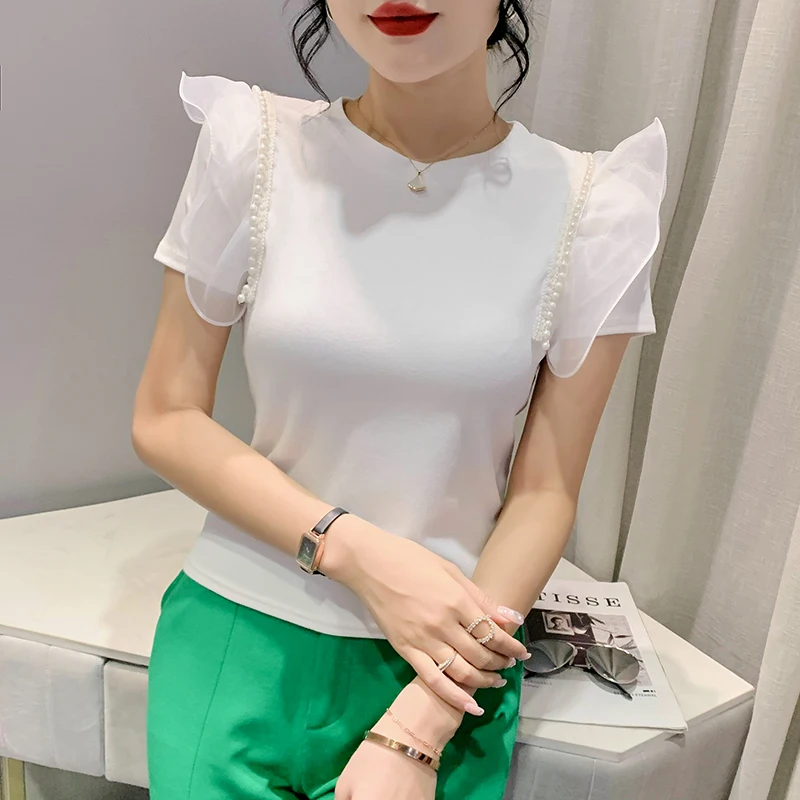

Will the summer new high-end cotton brief paragraph female T-shirt heavy lace blouse