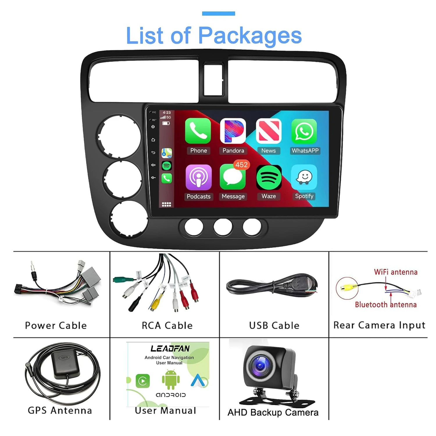9-дюймовый Беспроводной CarPlay Android Auto GPS-навигатор Радио Для Honda Civic 2001-2005 С Задней