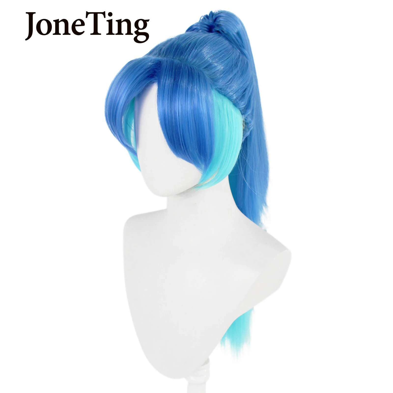 JT Synthetic Blue Long Straight Hair with Bangs Wig Lolita Light Blue Hair with Ponytails Cosplay Wig Heat Resistant Fiber Wig