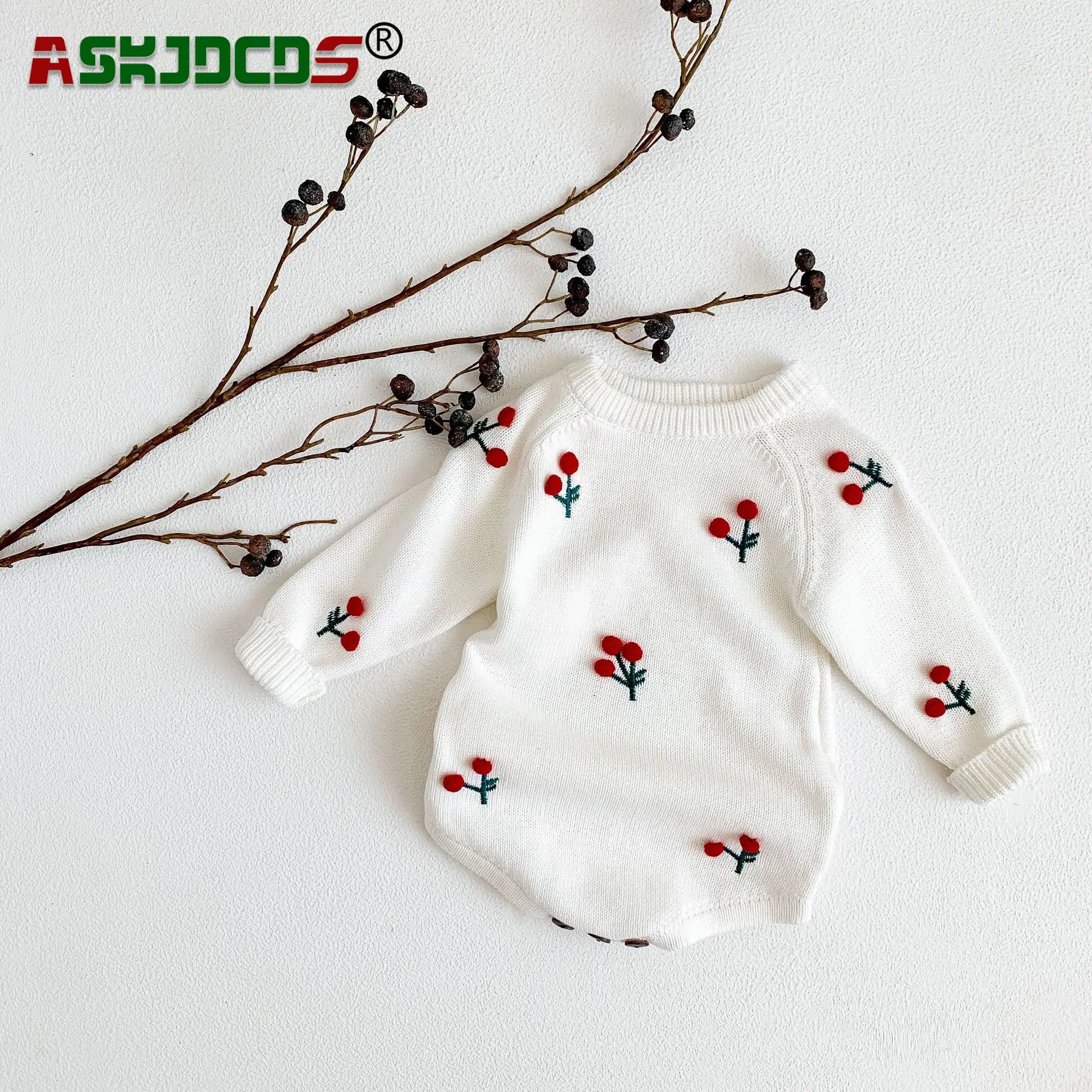 

Autumn Infant Baby Girls Full Sleeve 3D Cherry Knitted Jumpsuits - Toddler Cute Clothing Newborn Bodysuits 0-3Y White Jumpsuit