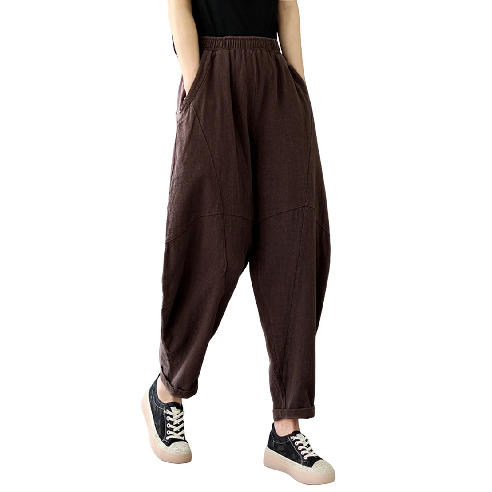 

Cotton Pants Womens Vintage Harem Trousers Elastic Breathable Loose Solid Color Female Pants With Pockets Ankle-Length Casual