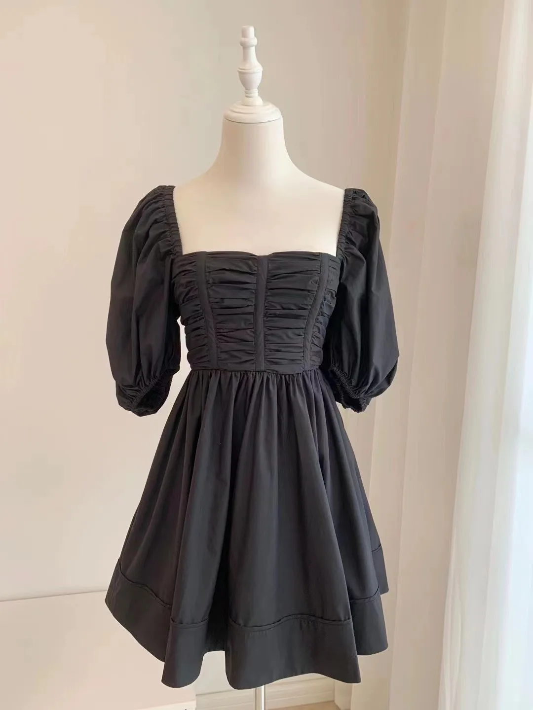 

Women's Square Collar Lantern Sleeve Floral Print or Solid Color Holiday 100% Cotton Mini Dress