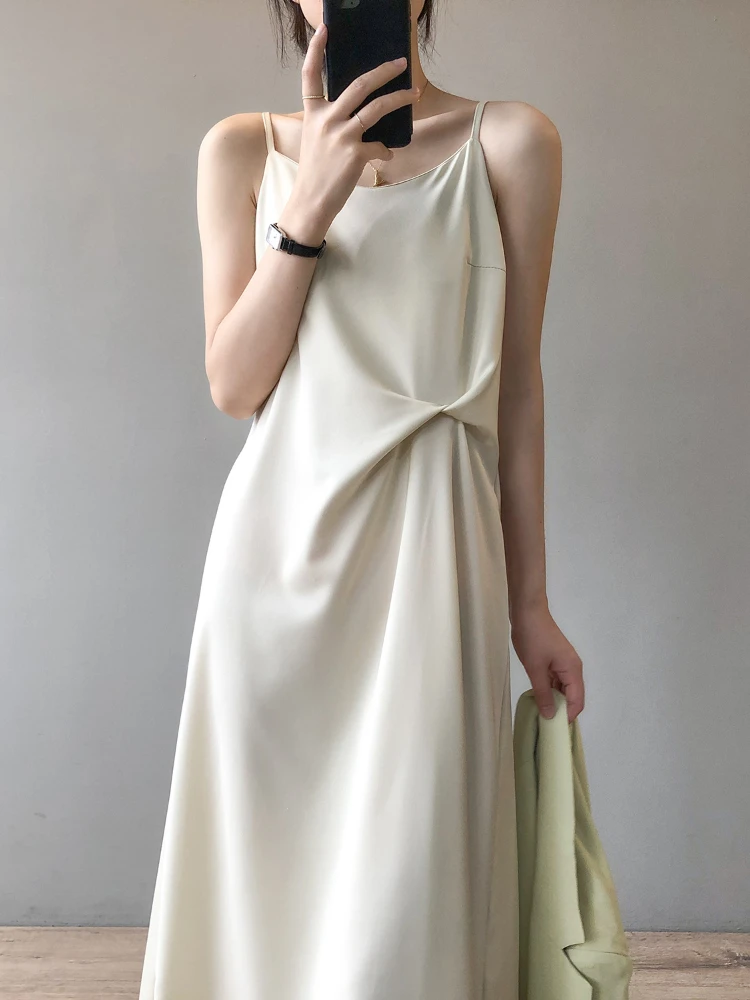 

FMFSSOM Vintage Suspender Dress Women Summer Spaghetti Strap Draped Sexy Preppy Style Traight Square Collar Mid-Calf Long Dress