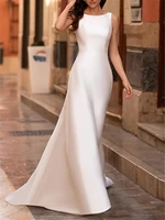 a line wedding dresses jewel neck sweep brush train satin sleeveless country simple with beading