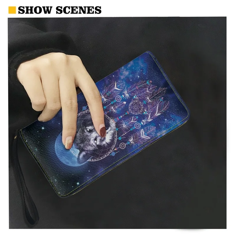 Belidome Dreamcatcher Wolf Brand Design Women Zip Around Organizer Wallet Leather Card Holder Clutch Long Purse Wristlet Handbag