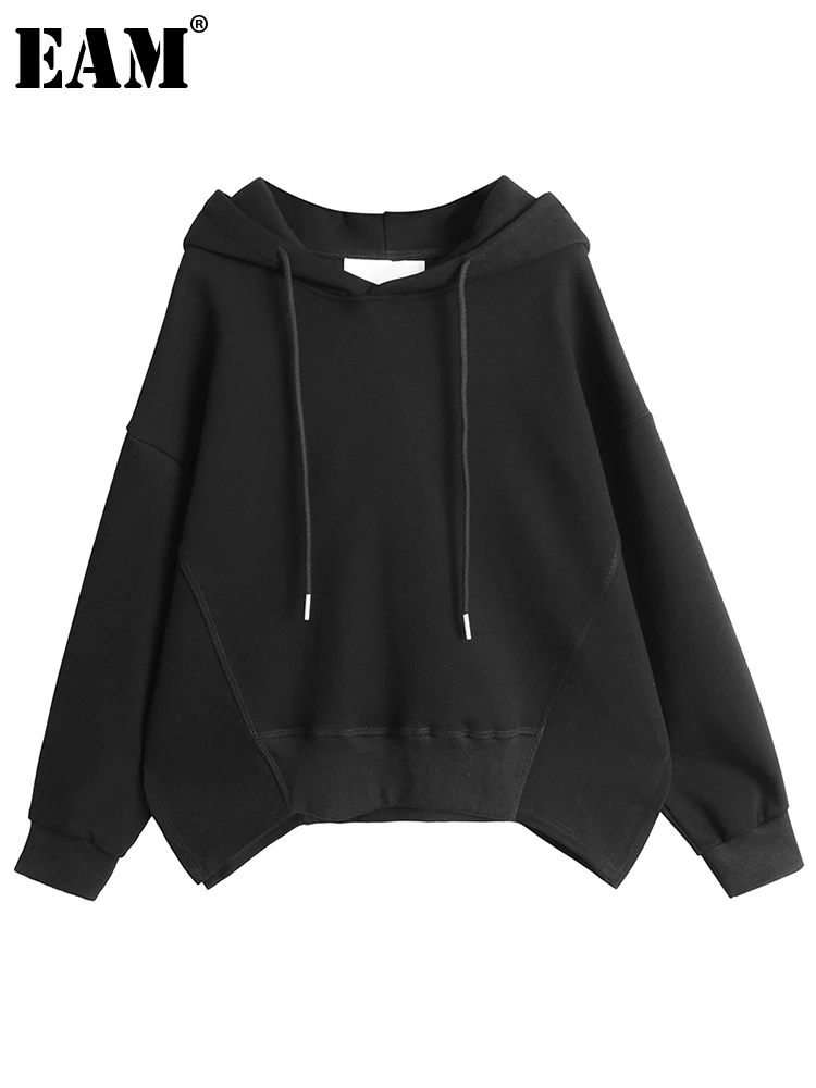 

[EAM] Loose Fit Black Oversized Sweatshirt New Hooded Long Sleeve Women Big Size Fashion Tide Spring Autumn 2022 1DE4860