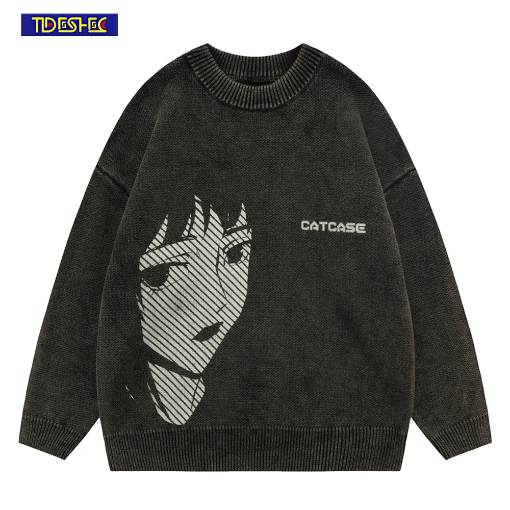 

Harajuku Men Knitted Sweater Casual Japanese Style Anime Girl Print Pullover 2022 Autumn Sweaters Hip Hop Streetwear Men Sweater