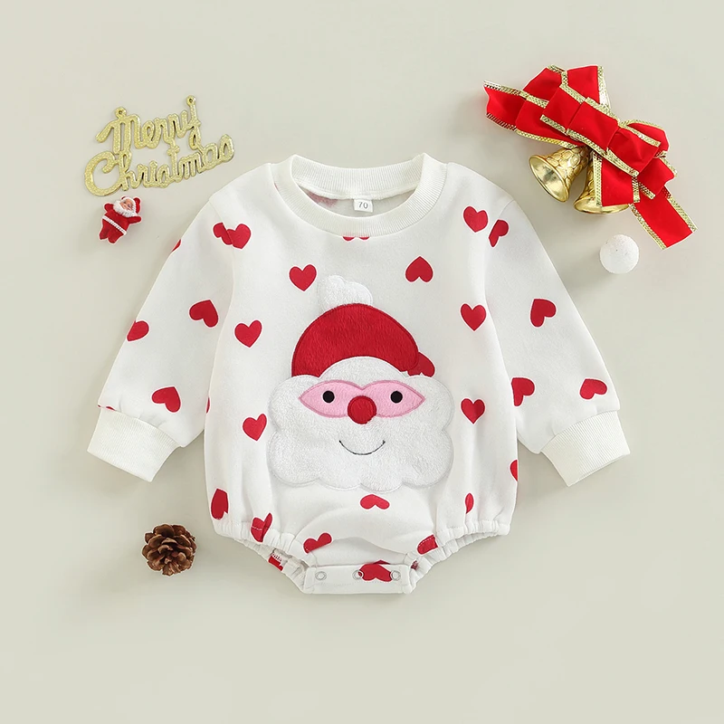Инфант-бэби свитшоты-ромперы на Рождество с длинными рукавами, круглым вырезом и принтом Санты в форме сердца для мальчиков и девочек от 0 до 24 месяцев.
