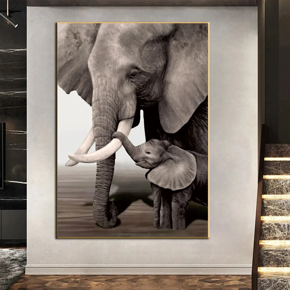 

Elephant Mother and Child Animal Canvas Painting Nature Poster Nordic Wall Art Home Decoration for Living Room Bedroom Cuadors