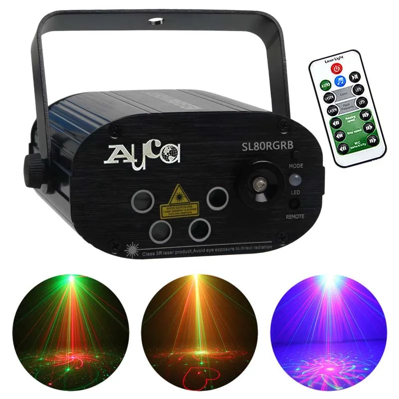 

AUCD Mini Remote 4 Lens 20 Patterns RGB Laser Projector Lights & Blue LED Background Lamp Home Party Show Stage DJ Lighting SL80