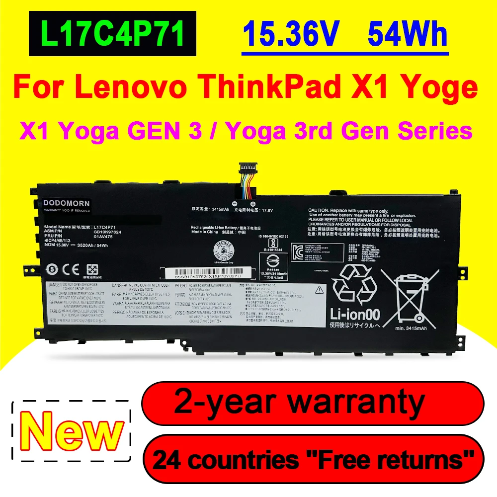 

New L17C4P71 L17M4P73 Laptop Battery For Lenovo ThinkPad X1 Yoga 3rd Gen (Type 20LD, 20LE, 20LF, 20LG) Series Yoga 2018 L17C4P71