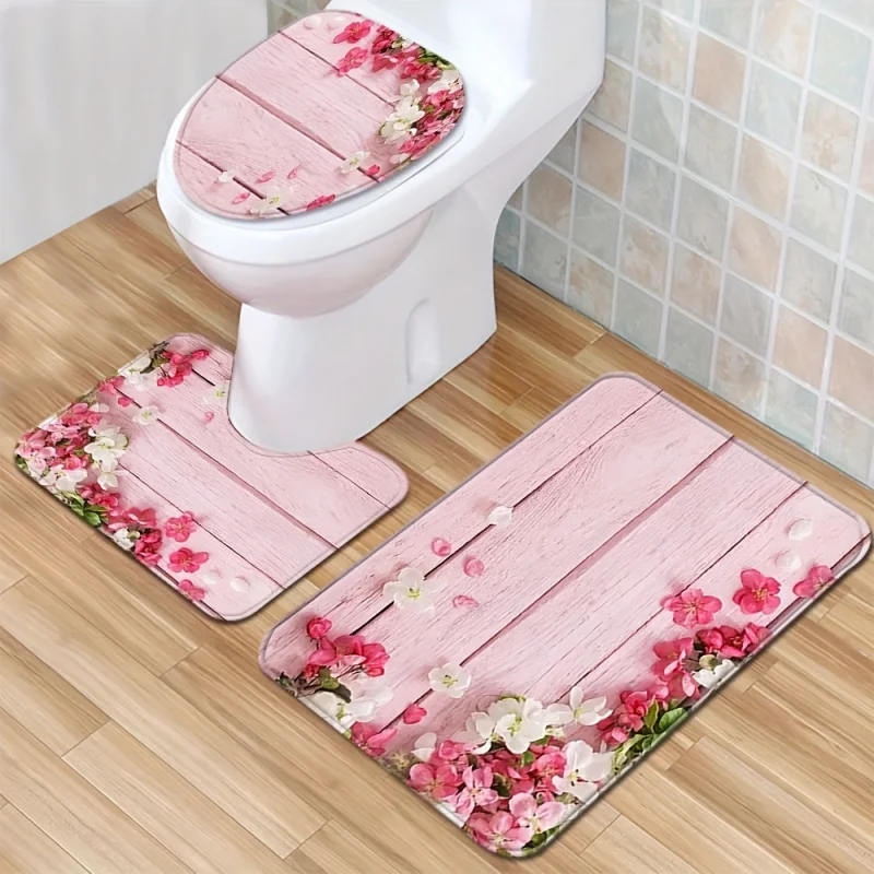 1/3PCs girly pink flowers pattern wooden texture floor mat set cover bathroom rug toilet water absorbent door Ma