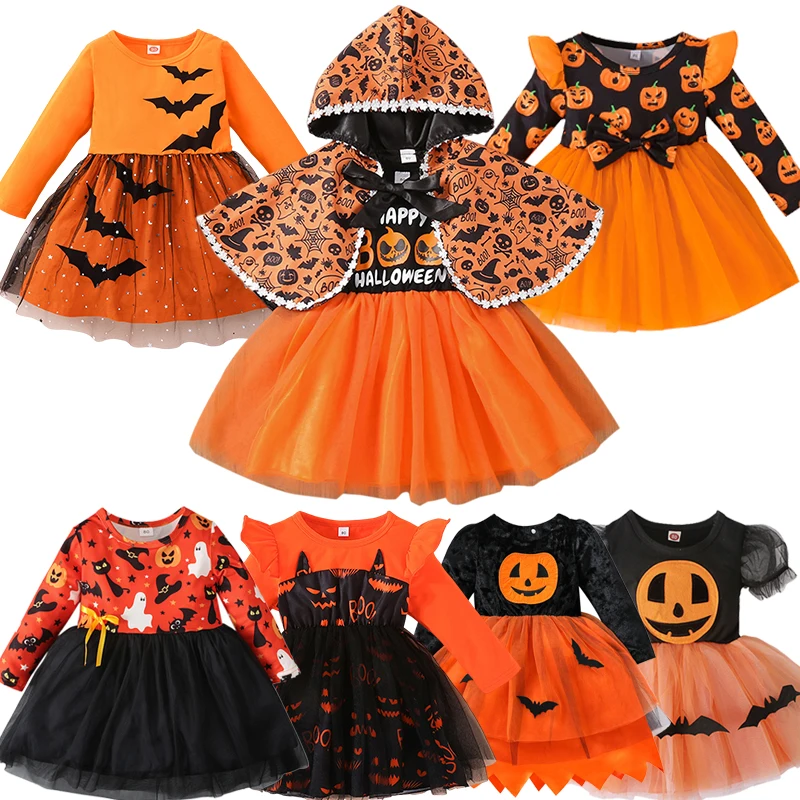 

Halloween Infant Girls Cosplay Pumpkin Costume Kids Tutu Dress Baby Girl Long Sleeve Mesh Party Dresses Children Pumpkin Clothes