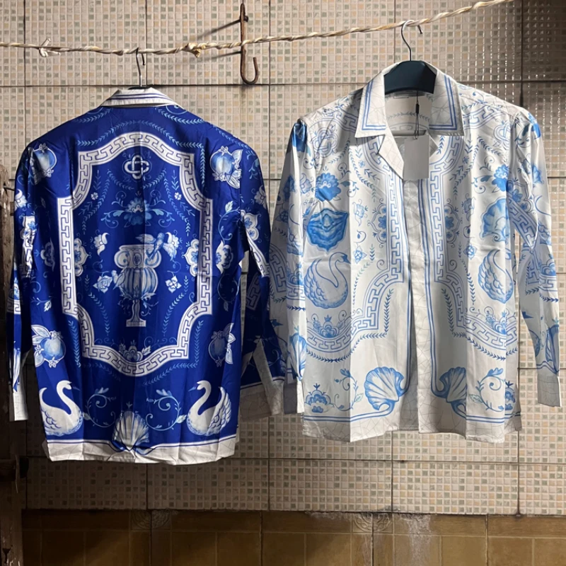 

Y2k Real Photos Casablanca Shirts High Quality Blue Swan Shell Full Print Long Sleeve Holiday Casa Hawaiian Shirt for Men Women