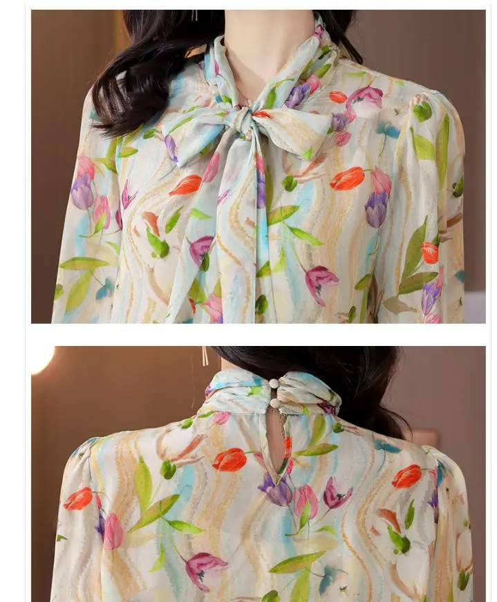 TingYiLi Spring Summer Bow Tie-Neck Printed Blouse Korean Elegant Women Long Sleeve Boho Floral Top Beige Silk Shirts |