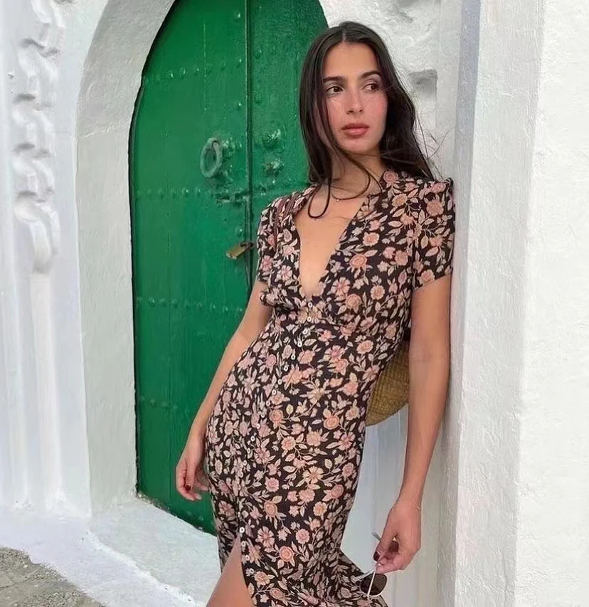 

2022 New Deep V Neck Maple Leaf Print Vintage Decor Buckle Sexy Slim Silk Dress