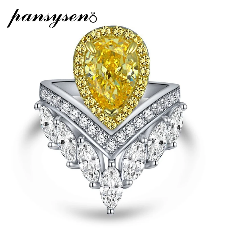 PANSYSEN Bohemia Real 925 Sterling Silver 7x10MM Pear Cut Simulated Moissanite Citrine Gemstone Rings for Women Fine Jewelry