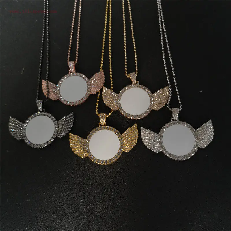 

sublimation blank round wings necklaces pendants with bead chain hot transfer printing consumables 15pcs of lot