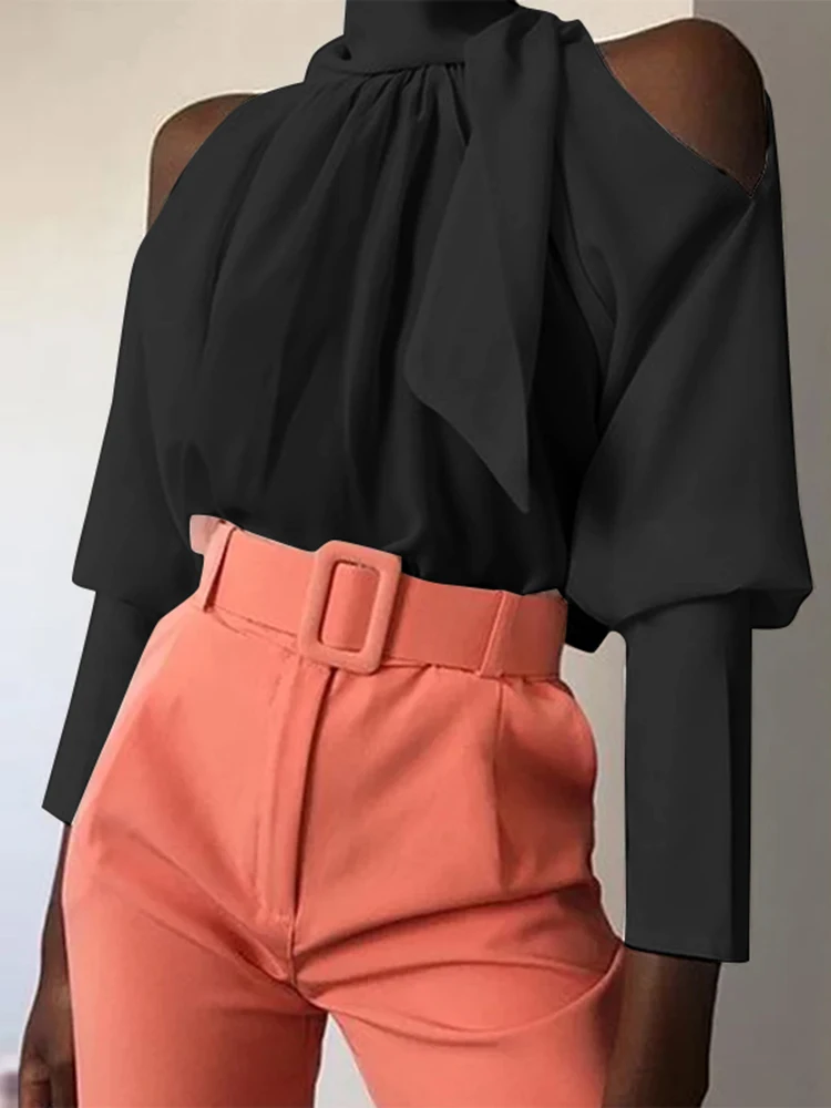 

ZANZEA 2023 Women Cold Shoulder Blouse Shirt Autumn Vintage Bandage Stand Collar Blusas Casual Long Sleeve Holiday Female Top