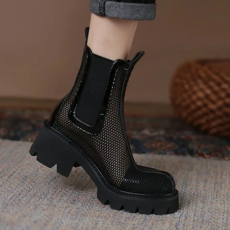 Mesh Breathable Thin Ankle Boots 2022 New British Style Thick Heel Casual Comfortable Hollow Fashion Trend Short Boots Female