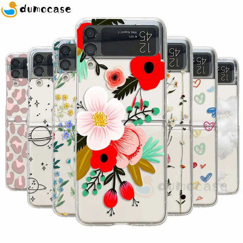 

Ultra Thin Flowers Print Phone Case for Samsung Z Flip 3 5G Cartoon Clear Hard PC Shockproof Cover Z Flip 4 Z3 Z4 Funda Coque
