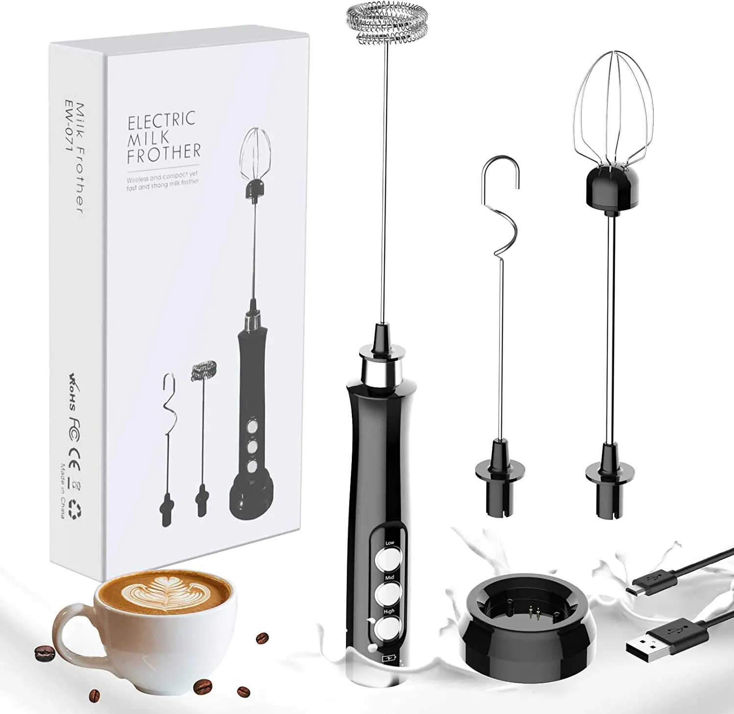 

3 in1 Electric Foamer Mixer Whisk Beater Stirrer 3-Speeds Coffee Milk Drink Frother USB Rechargeable Handheld Food Blender Whisk