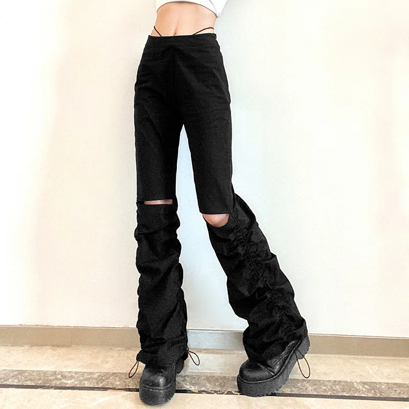 

High Waist Hole Women Pants Stacked Pleated Black Hot Girls Slim Trousers Women 2022 Summer Autumn Streetwear Pants Female