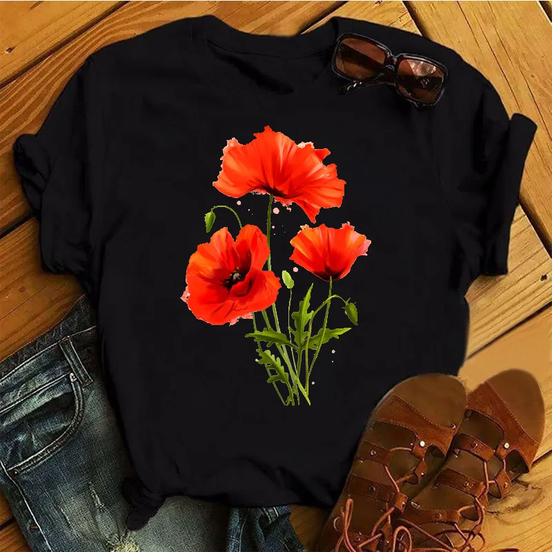 

Fashion Women T-shirt Casual Red Flowers 3D Print O-Neck Short Sleeve Tops Summer Black T Shirt for Girls Tee Top Femme Clothing