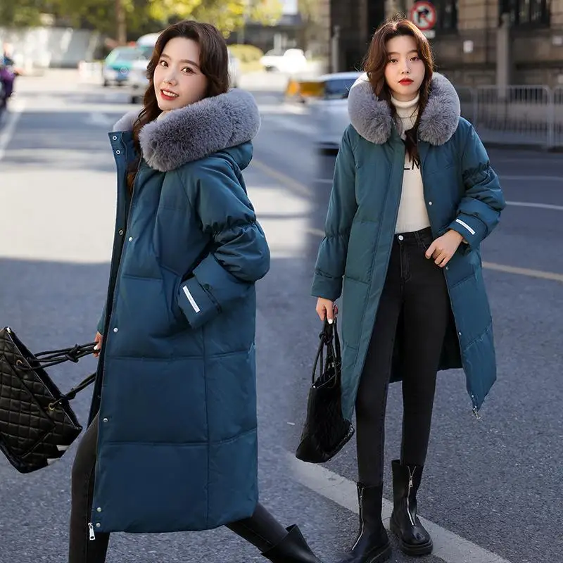 2022 Winter New Women Over-the-knee Long Hooded Down Jacket Design Sense Large Fur Collar Plus Velvet Warm White Duck Down Coats