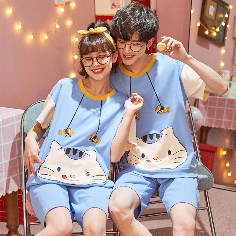 

Summer Couple Pajamas Set Loose Cotton Nightwear Mujer Sleepwear Pijama Women Men Casual Pyjama Pour Femme Cute Cat Pyjamas