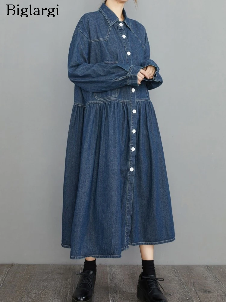 Джинсовое осеннее длинное платье-рубашка большого размера женское