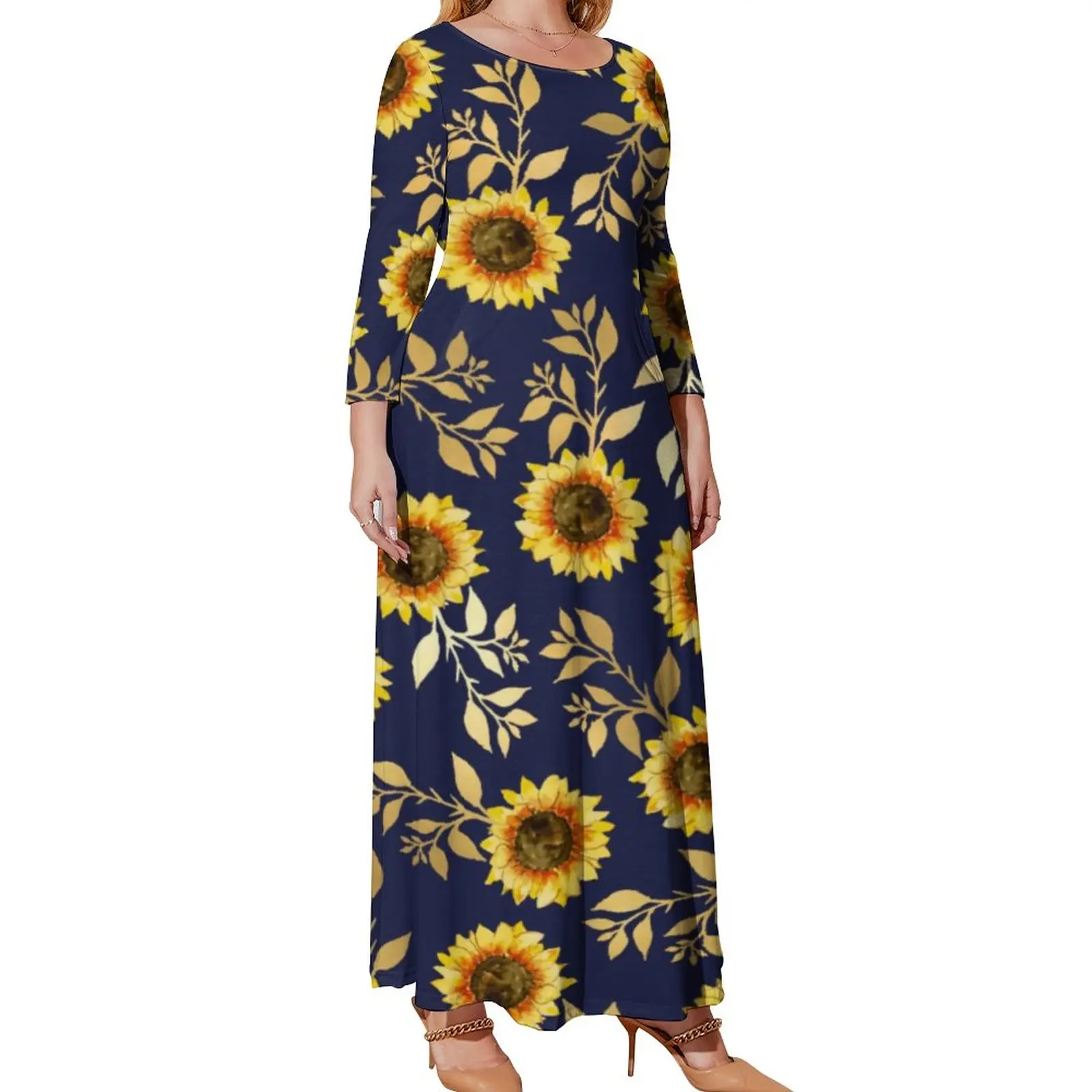 Gold Navy Sunflower Dress Leaves Print Bohemia Dresses Long Sleeve Aesthetic Long Maxi Dress Trendy Clothes Plus Size 4XL 5XL