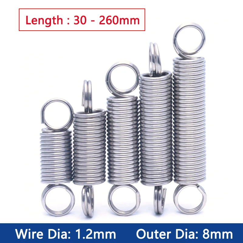 

1pc Wire Dia 1.2mm OD 8mm 304 Stainless Steel Dual Hook Tension Spring Closed Loop Hardware Accessories Length 30-260mm