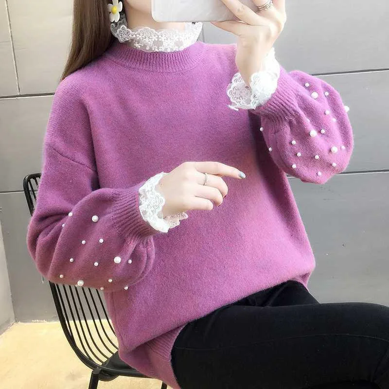

Winter Autumn Fashion Beading Lace Splicing Collar Knitted Sweater Women Long Sleeve Pullover Solid Color Loose Knit Tops Female