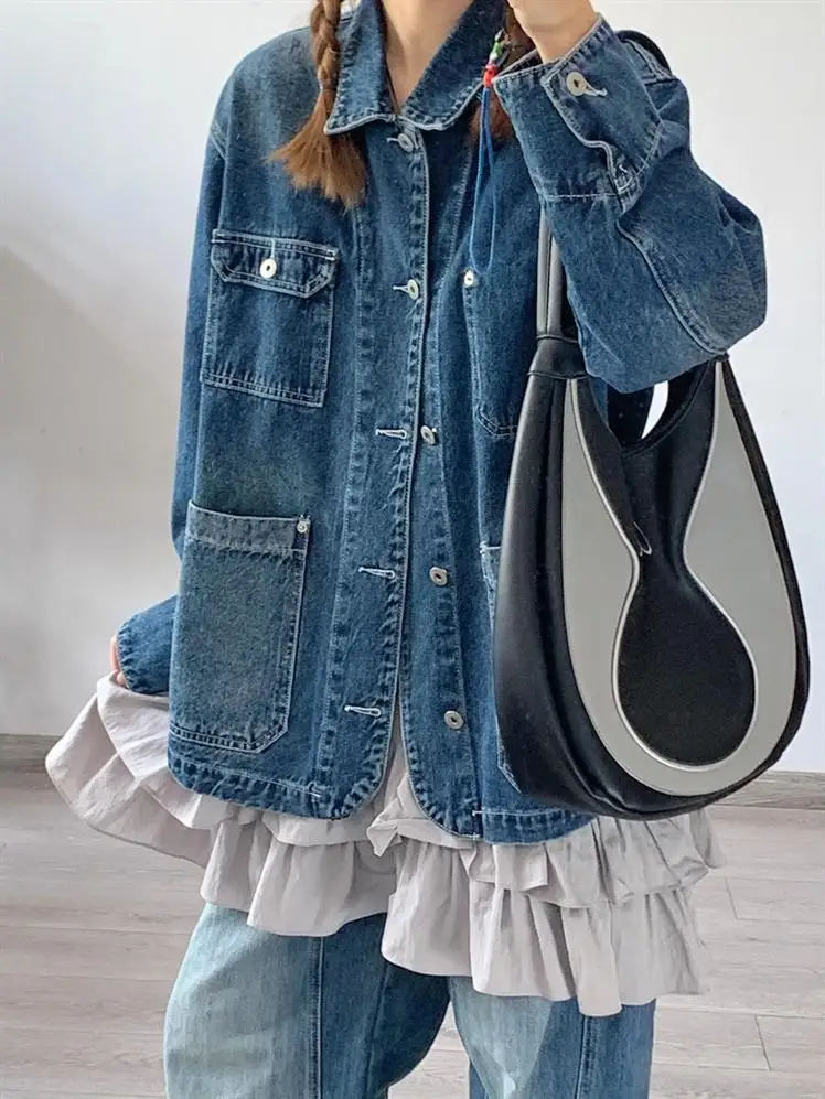 Retro Washed Casual Denim coat Women's Spring and Autumn 2024 New Japan fashion Men's Cargo Denim Clothing Jacket