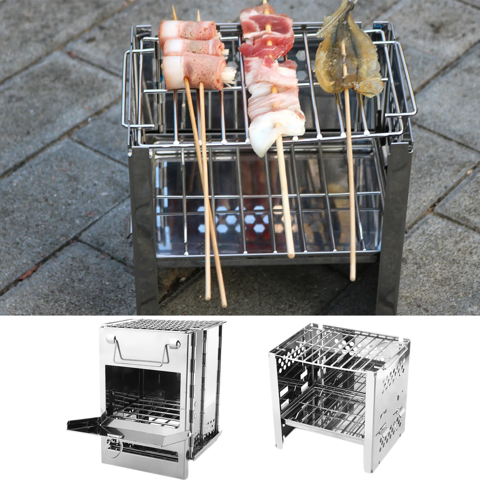 

Wood-burning Charcoal Grill Foldable Stainless Steel Cooking Heating Stove Windproof Wood Burner Detachable Picnic Gadgets