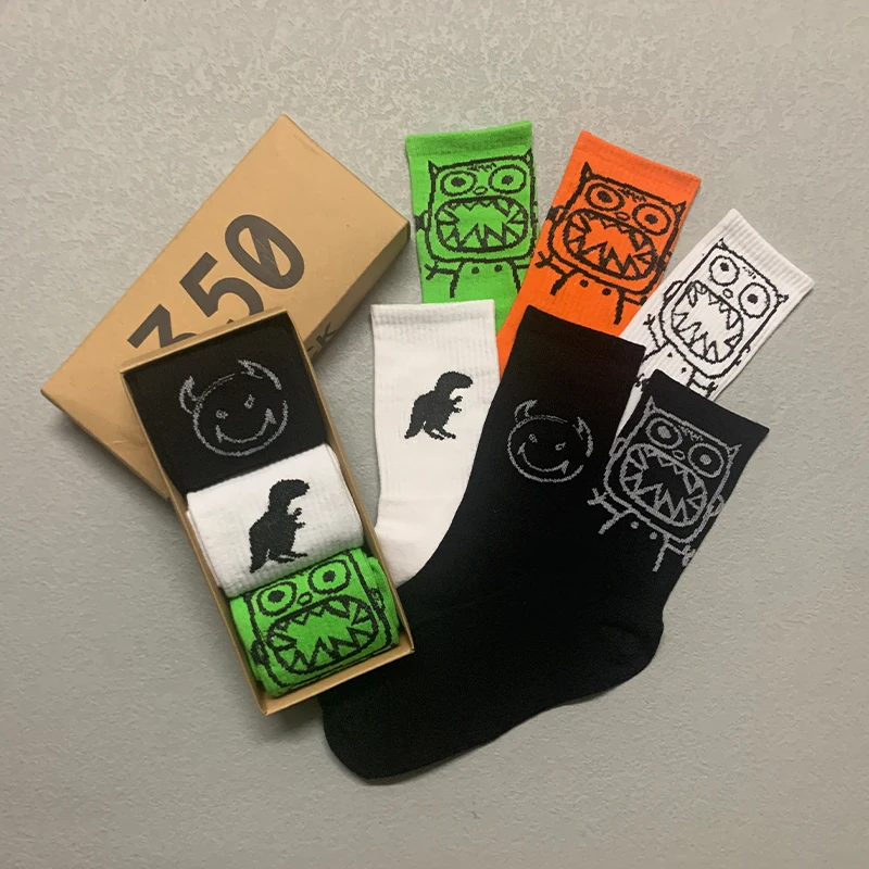 

3 Pairs/Box Streetwear Grimace Devil Dinosaur Pack Gift Stockings Cotton Harajuku Hip Hop Printed Fashion Soft Men Women Socks