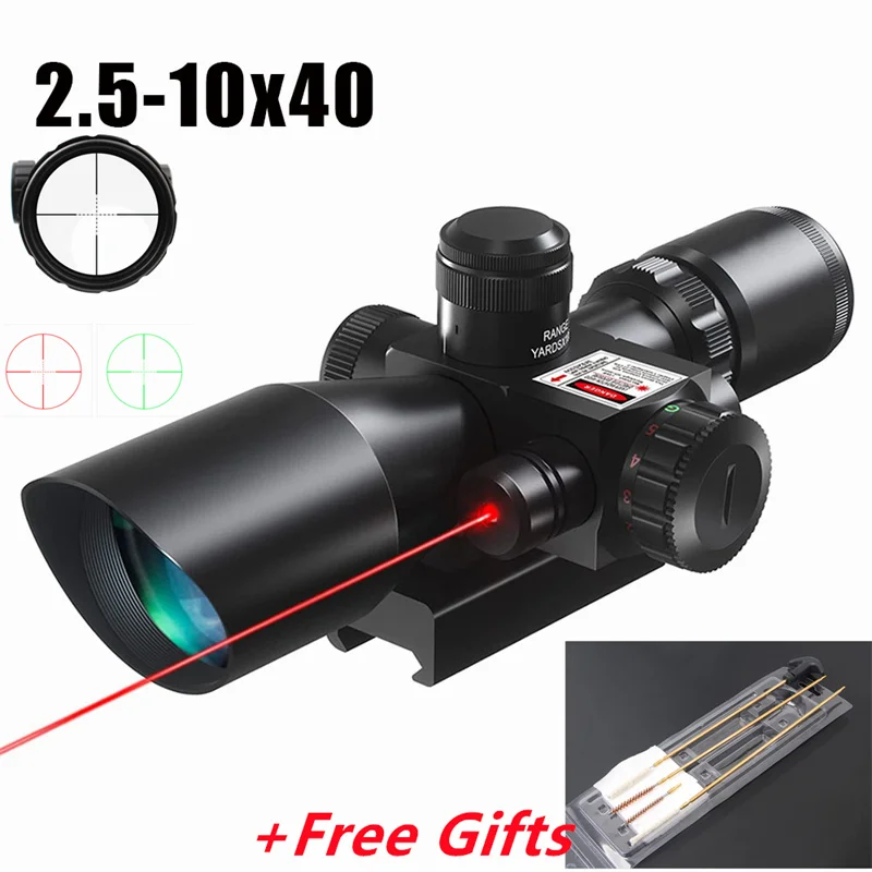 

2.5-10x40 Red Green Dot Sight Illuminated Scope Mil-dot Tactical Rifle Scope with Red Laser for Hunting Rifle 20mm Rail Mounts