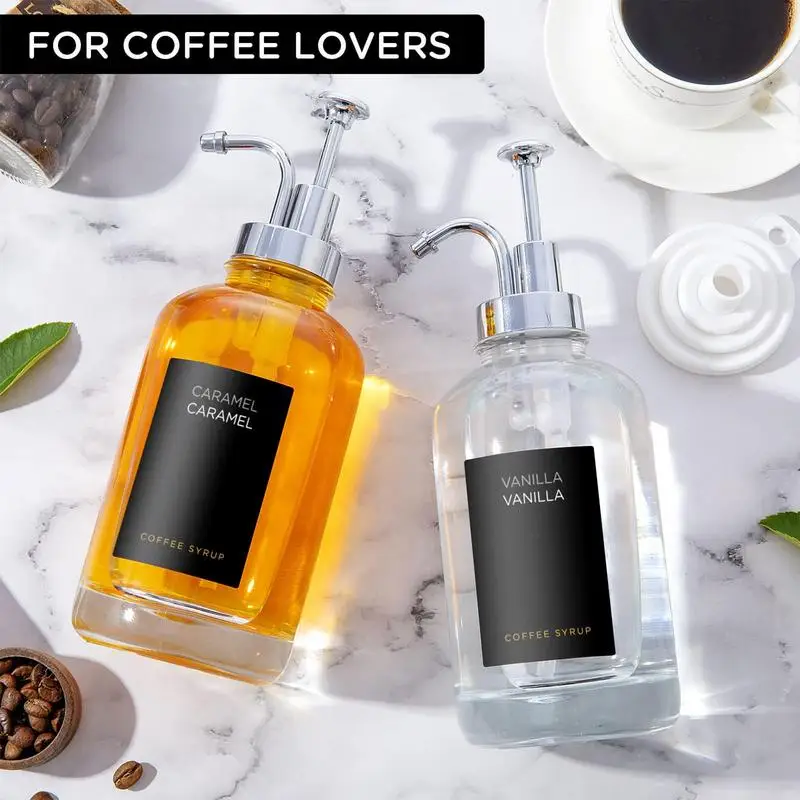 

2pcs Coffee Bar Coffee Dispenser 500ml Clear Coffee Syrup Pump With 2 Pumps Funnel 9 Minimalist Labels For Dish Soap Mouthwash