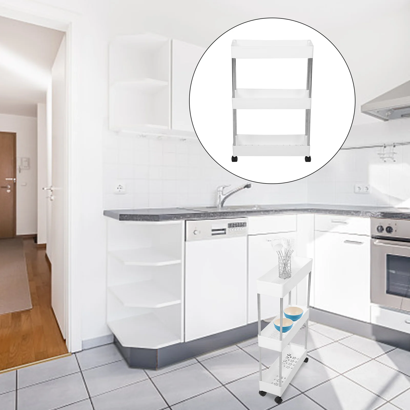 

Floor Trolley Storage Holder Movable Rack Kitchen Three-layer Floor-type Stand Multi-layer Drawer