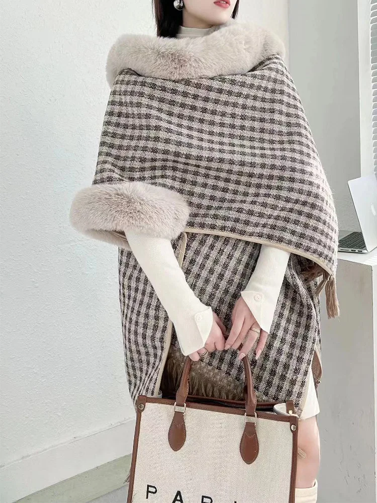 Add velvet padded plaid fringed cloak shawl autumn and winter shawl coat