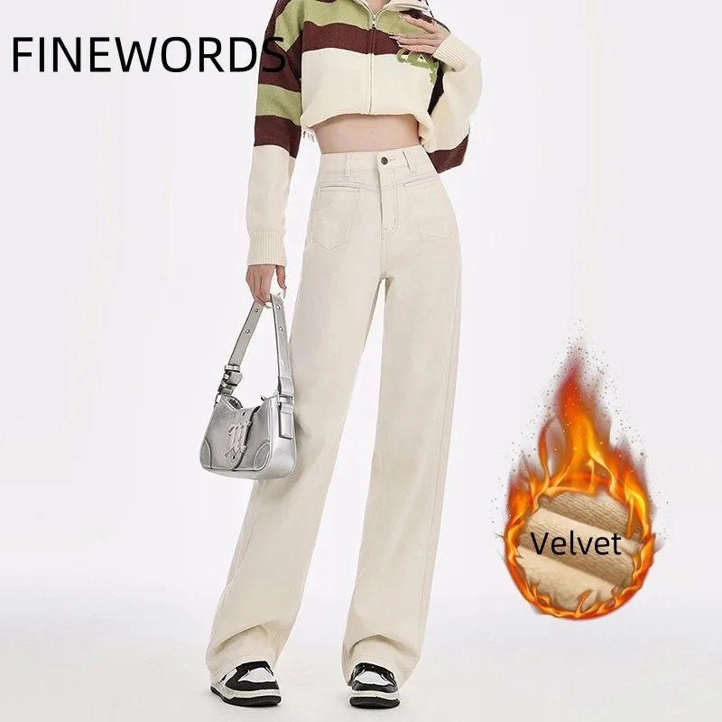 FINEWORDS винтажные зимние бежевые кашемировые джинсы женские широкие бархатные