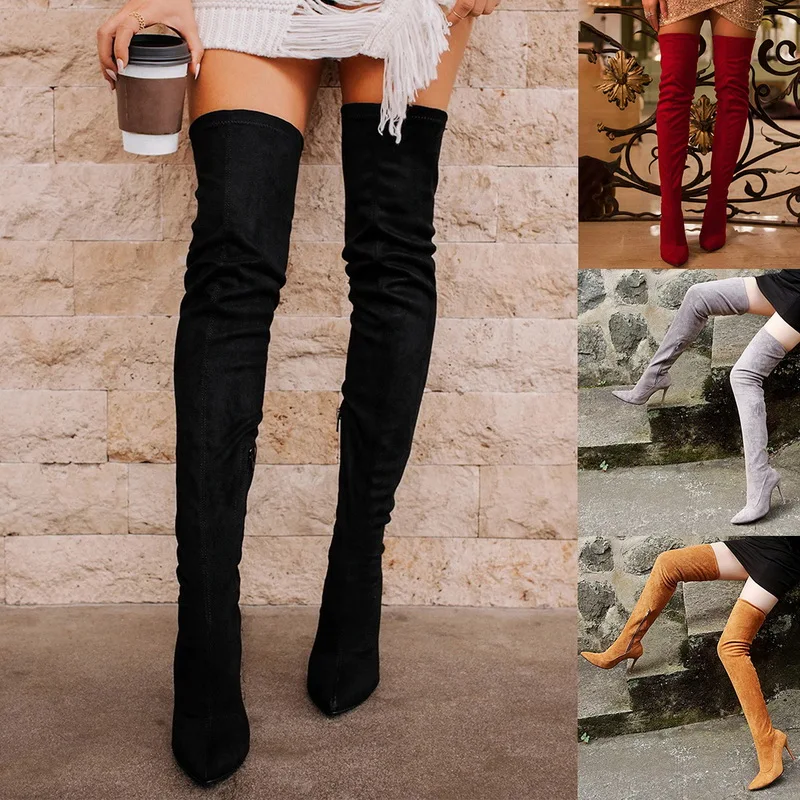 

Женские сапоги выше колена, мотоциклетные сапоги на платформе, модные зимние сапоги с острым носком, высокий каблук в стиле панк, женская се...