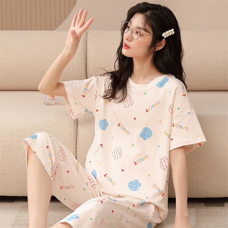 Short-sleeved pajamas women's summer cotton seven-part pants women's loungewear sets can be worn outside two-piece