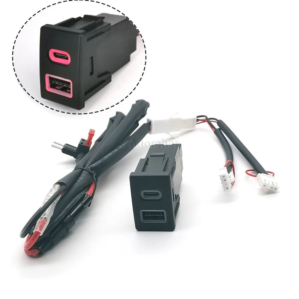 Фото Красная светодиодная автомобильная зарядная розетка с двумя портами QC3.0 USB и PD Type-C для Isuzu Mu-X 18-22, D-MAX 15-19 №1