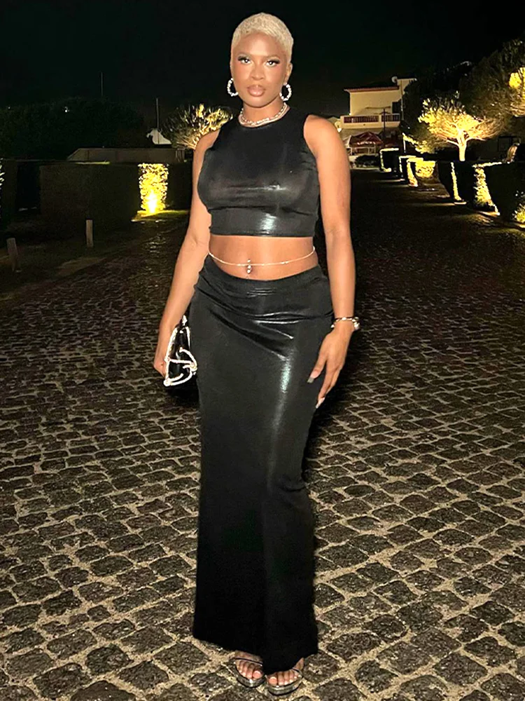

Dulzura Women Pu Faux Leather Y2K Clothes 2 Pieces Crop Top Side Slit High Waist Bodycon Midi Skirt Matching Set Club Party