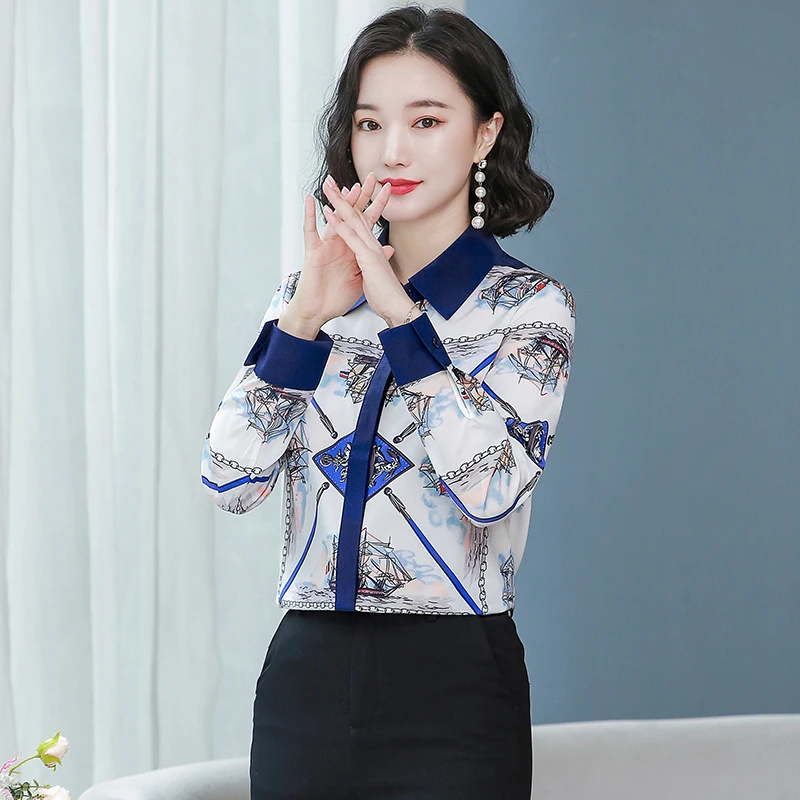 

Summer Autumn New Women's Blouses Polo Shirt Splicing Printed Satin Casual Fashion Lady Loose Long Sleeve Top